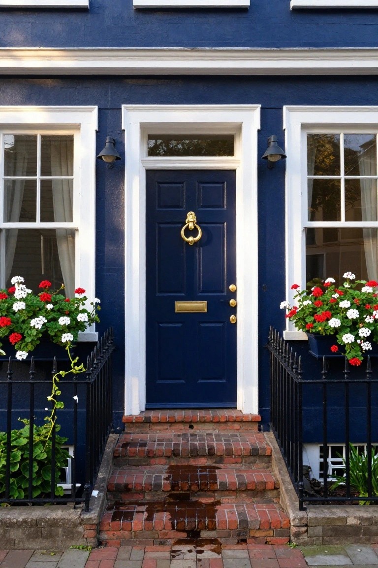 Navy blue painted colonial rowhouse exterior with centered navy door featuring gold knocker and letterbox, white-trimmed windows with sheer curtains, red and white geranium window boxes on black iron railings, brick entry steps, and potted plants nearby.