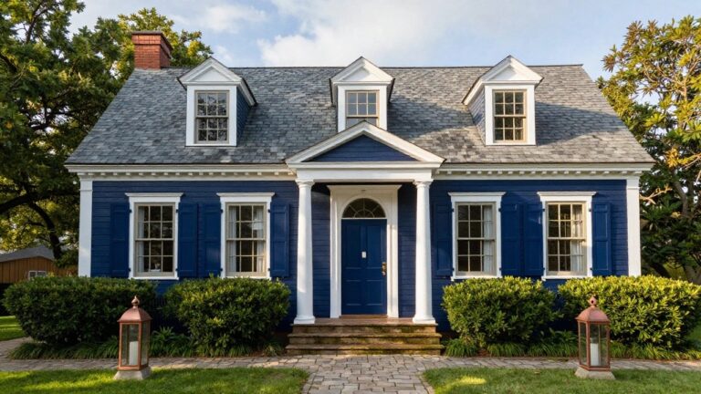 18 Colonial House Exterior Navy Color Schemes For Bold Elegance A two-story colonial house with navy blue shingle siding, white trim and dormers, columned front porch with navy door, flanked by boxwood shrubs, copper lanterns, and stone pathway.