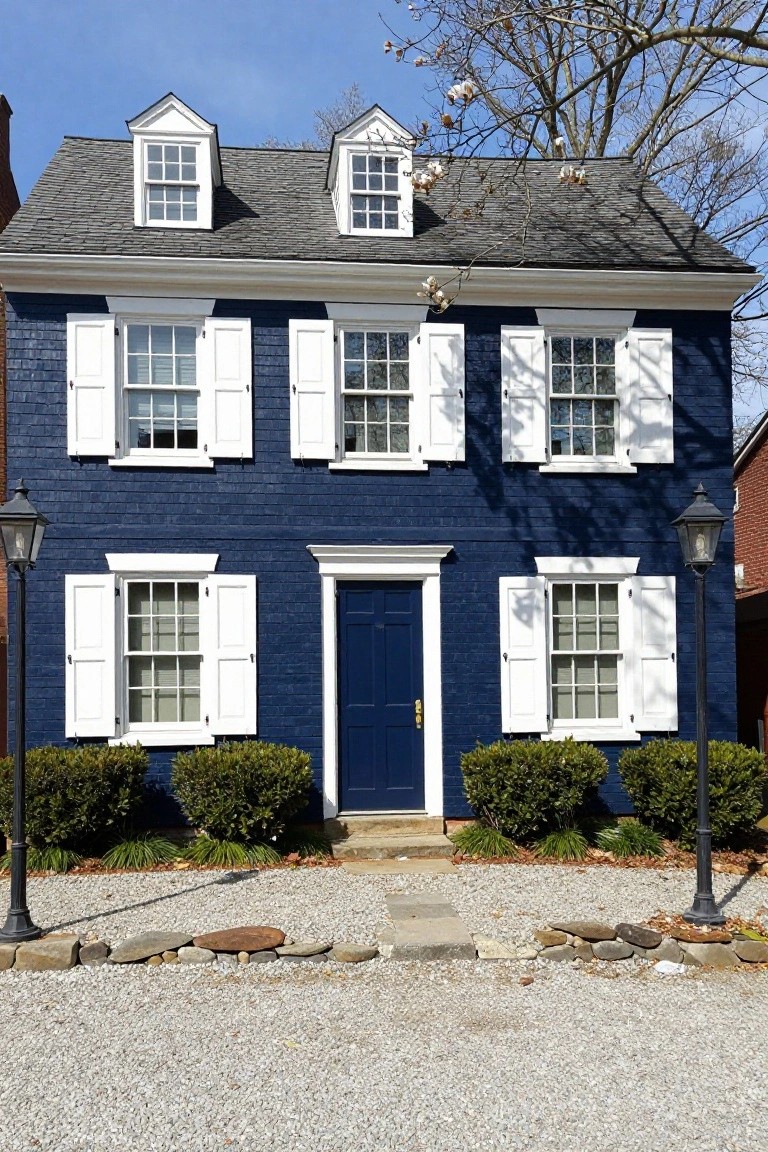 Two-story colonial house with navy blue shingle siding, white window frames, open shutters, and front door, gray roof with dormers, flanked by black lanterns, boxwood shrubs, gravel driveway, and stone edging.