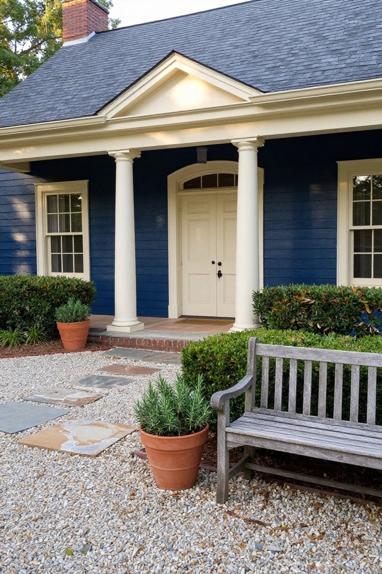 Navy blue clapboard colonial house with white trim, paired columns flanking a white front door, flanked by windows, with boxwood hedges, potted rosemary plants, a wooden bench, and gravel path in front.