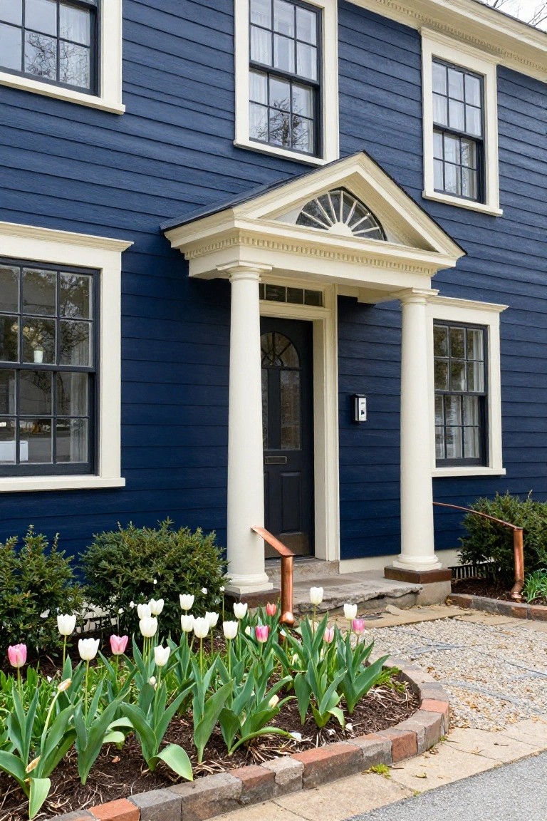 Two-story colonial house with navy blue clapboard siding, white trim, pedimented entry porch supported by white columns, black front door, and tulip flower beds bordered by brick edging.