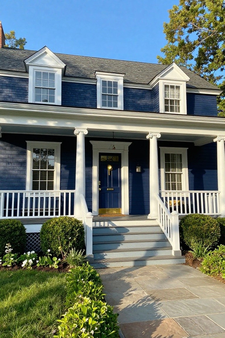 Two-story colonial house with navy blue clapboard siding, white trim and porch columns, navy front door with gold knocker, steps to porch, shrubs and stone path in front yard.