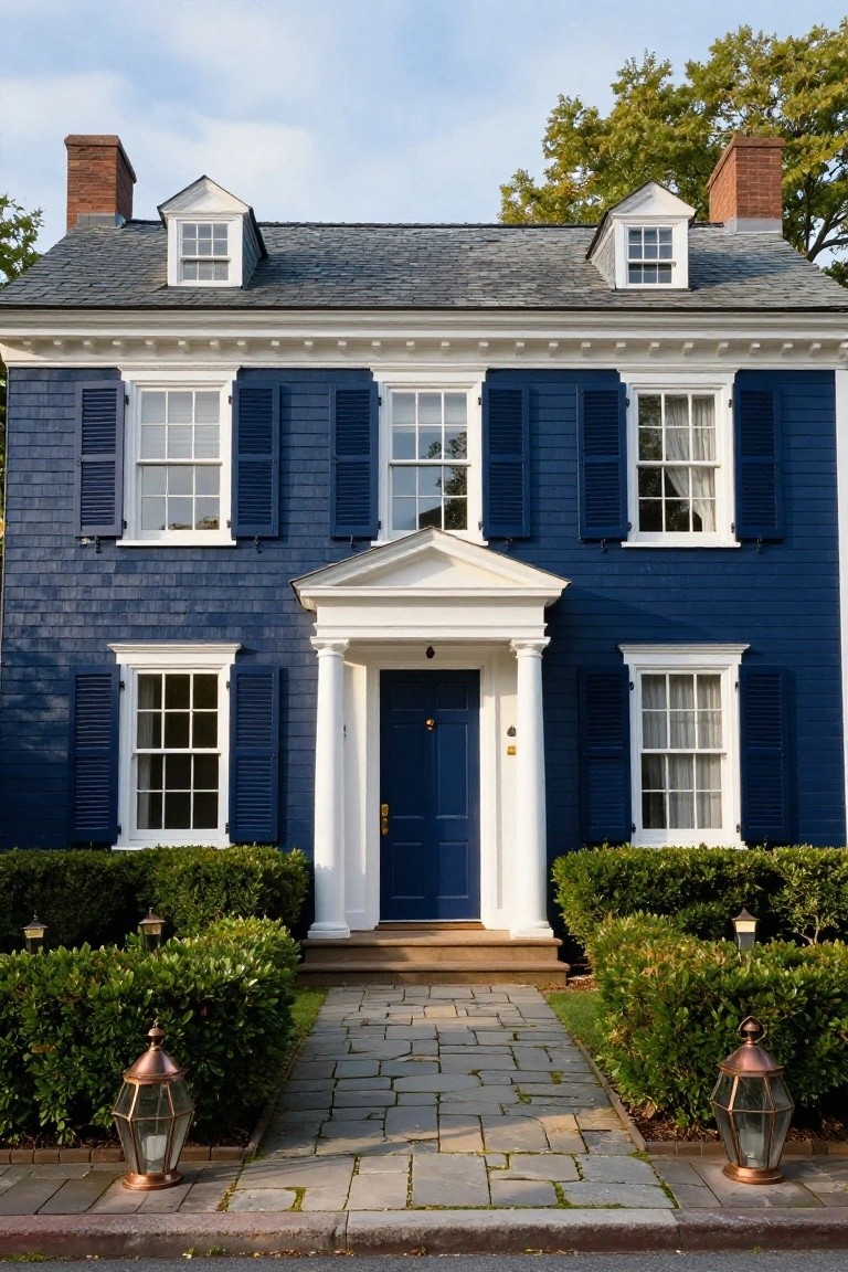 A two-story colonial house with navy blue shingle siding, white trim and dormers, columned front porch with navy door, flanked by boxwood shrubs, copper lanterns, and stone pathway.