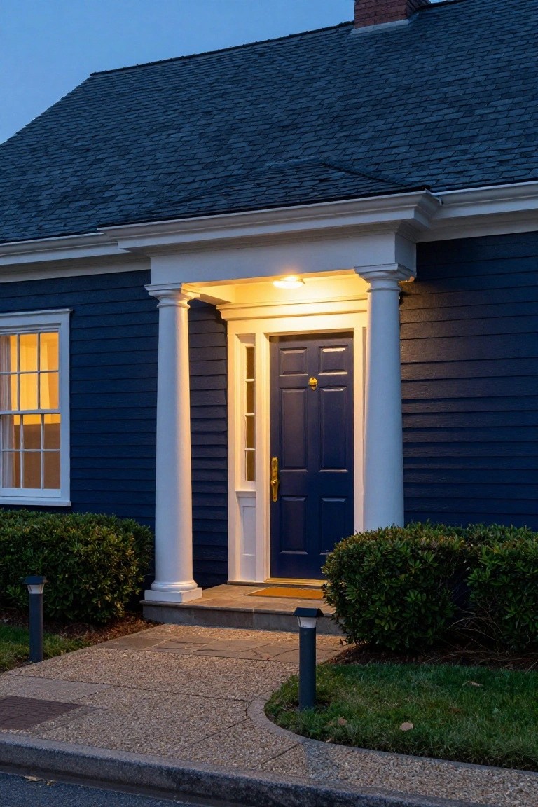 Navy blue clapboard colonial house at dusk with white columns supporting a lit porch, blue front door, boxwood shrubs, and path lights along a stone walkway.