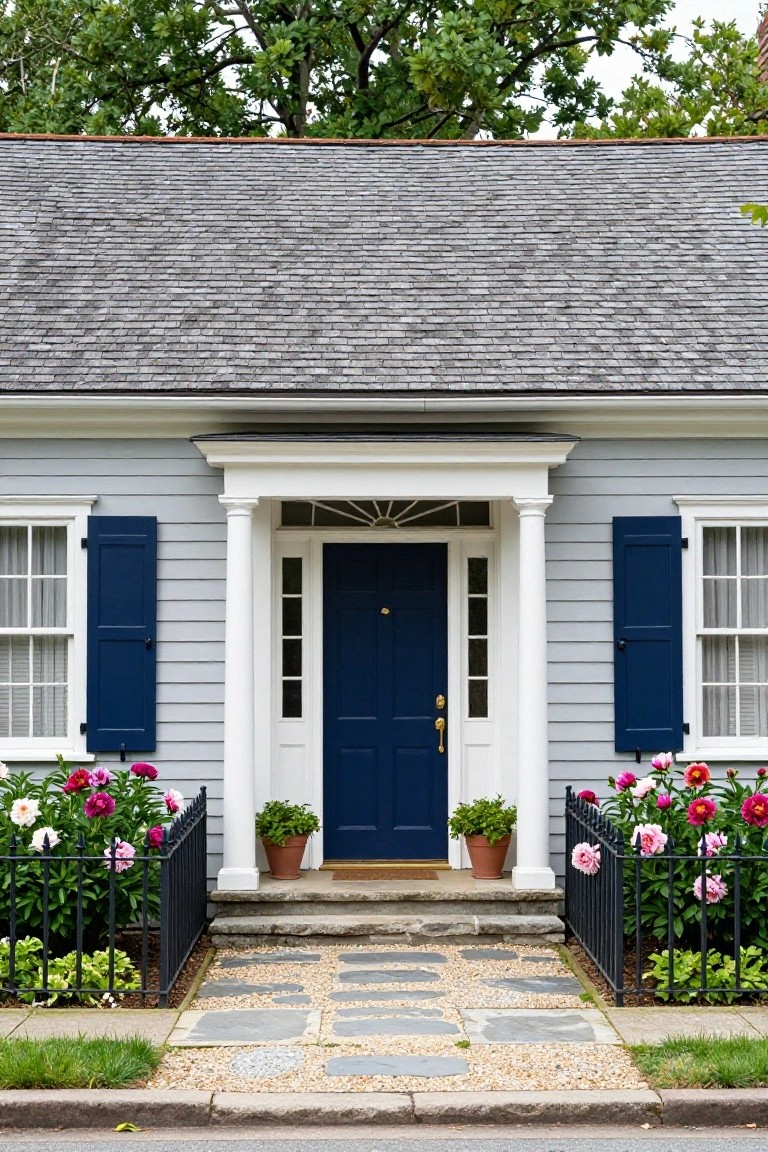 Light gray clapboard colonial house with white portico and columns, navy blue front door and shutters, pink peony bushes in black iron fences, potted plants, and a stone path to the entry.