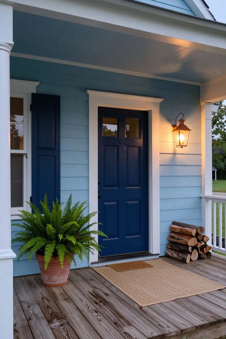 Close-up view of a colonial-style house porch with light blue horizontal siding, navy blue paneled front door, white trim and columns, wall-mounted lantern light, potted fern in terracotta pot, woven doormat, and stack of firewood on wooden decking.