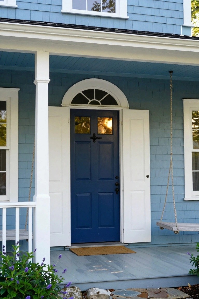 Light blue shingled colonial house exterior with navy blue double front door, white columns and trim, open shutters, hanging porch swing, and purple flowering plants near the steps.