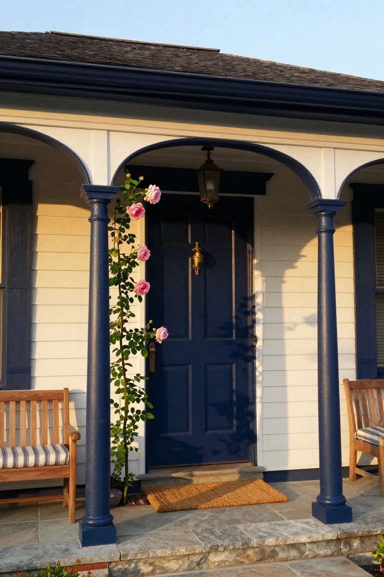 Colonial house porch with navy blue front door, matching columns and trim, pink climbing roses on one pillar, wooden benches with cushions, lantern light, and stone steps.