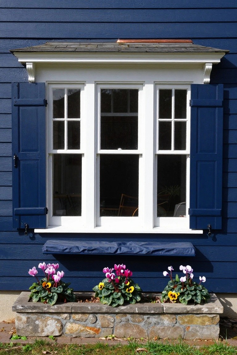 Navy blue clapboard house exterior with white triple window, matching navy shutters partially open, white window sill, blue cushion, and three stone flower boxes planted with colorful violas.
