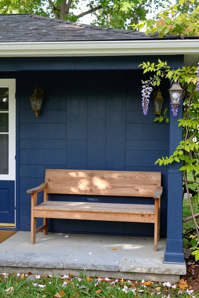 Navy blue vertical board-and-batten siding on a small porch structure with a wooden bench on a concrete stoop, two lanterns mounted on the wall, white door, and purple wisteria vine climbing a post.