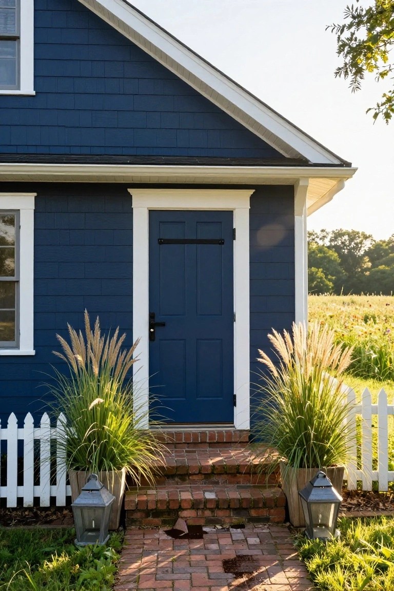 Navy blue shingled house exterior with white trim around a navy blue front door and window, flanked by two large pots of tall ornamental grasses, metal lanterns, brick entry steps, and a white picket fence.