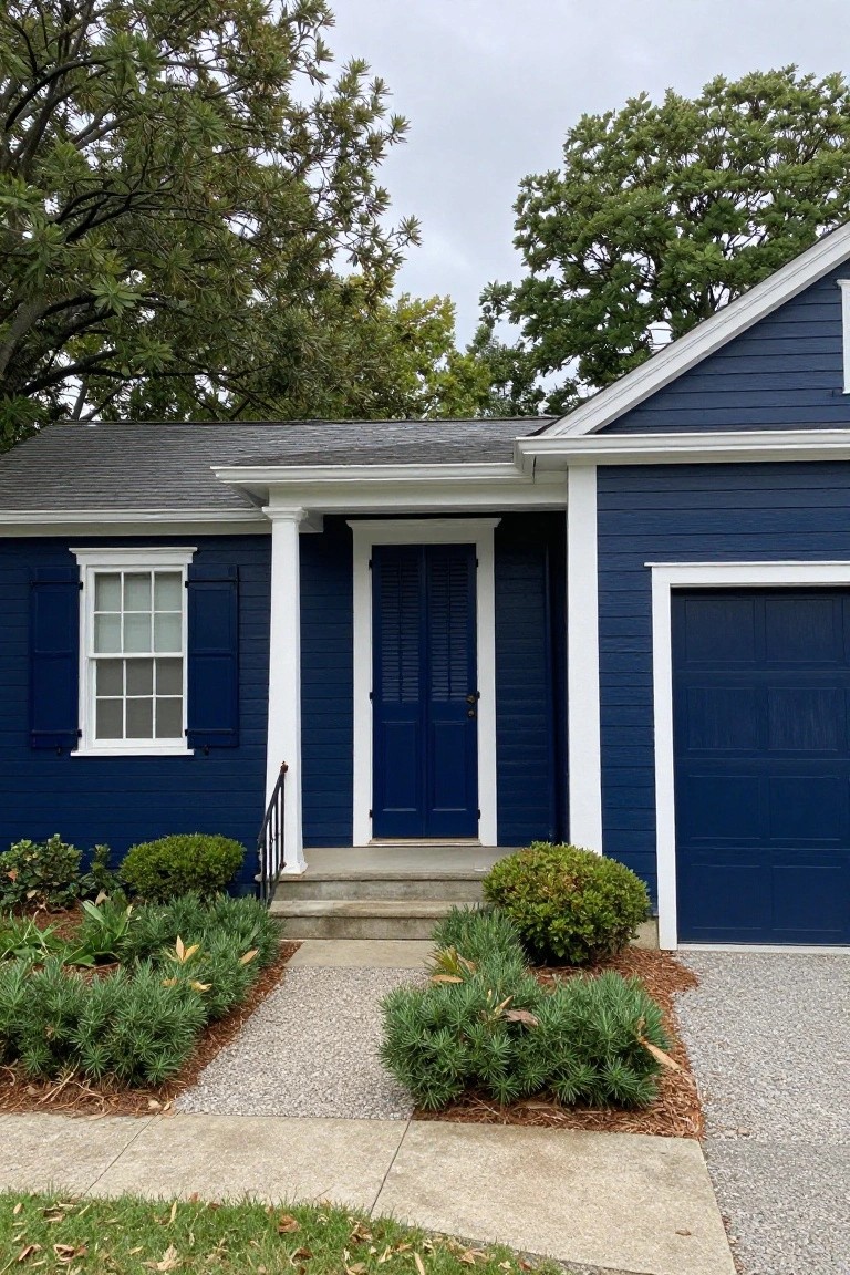 Front view of a two-story colonial house painted navy blue with white trim, featuring a small porch with columns, double doors, a window with shutters, attached garage, steps to the entry, shrubs, and a gravel path.