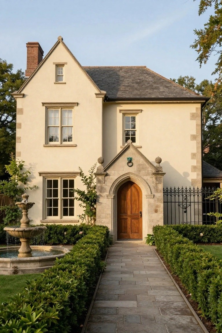 Cream stucco two-story house with slate roof, brick chimney, tall multipane windows, arched stone entry porch with wooden double doors, flanked by boxwood hedges and a stone pathway to a stone fountain in the front yard.