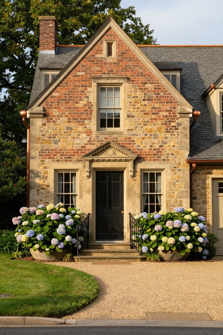 Colonial-style two-story house exterior with red brick walls accented by light stone at base and quoins, slate roof, pedimented entry with black door flanked by large potted hydrangeas, gravel driveway, and curved green lawn edging the street.