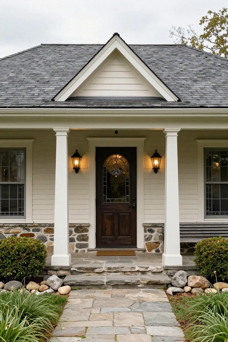 Front exterior of a two-story Colonial house with light beige clapboard siding, dark shingle roof, gabled porch with white columns, dark wood door featuring stained glass window, fieldstone base, flanked lanterns, and flagstone entry path with ornamental grasses and boulders.