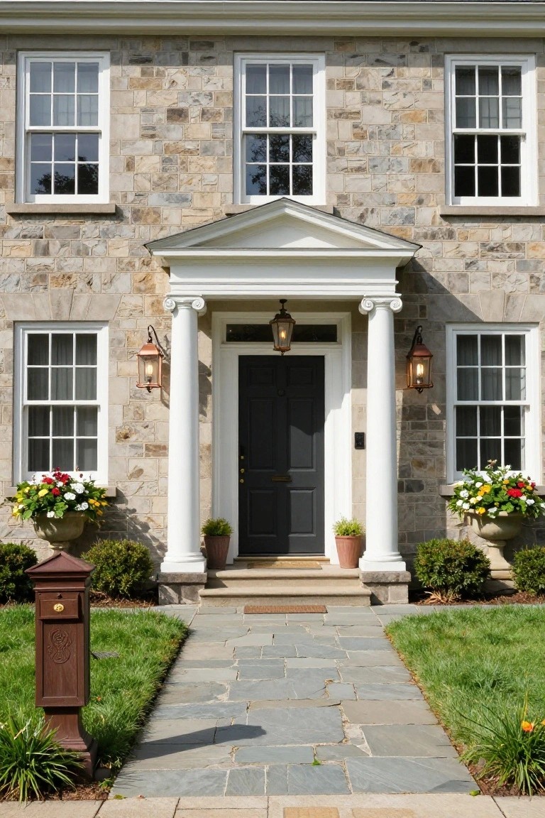 Front exterior of a two-story stone colonial house with white classical portico featuring fluted columns framing a black door, copper lanterns on each side, flower pots flanking the entry, and a slate stone path leading from the street.
