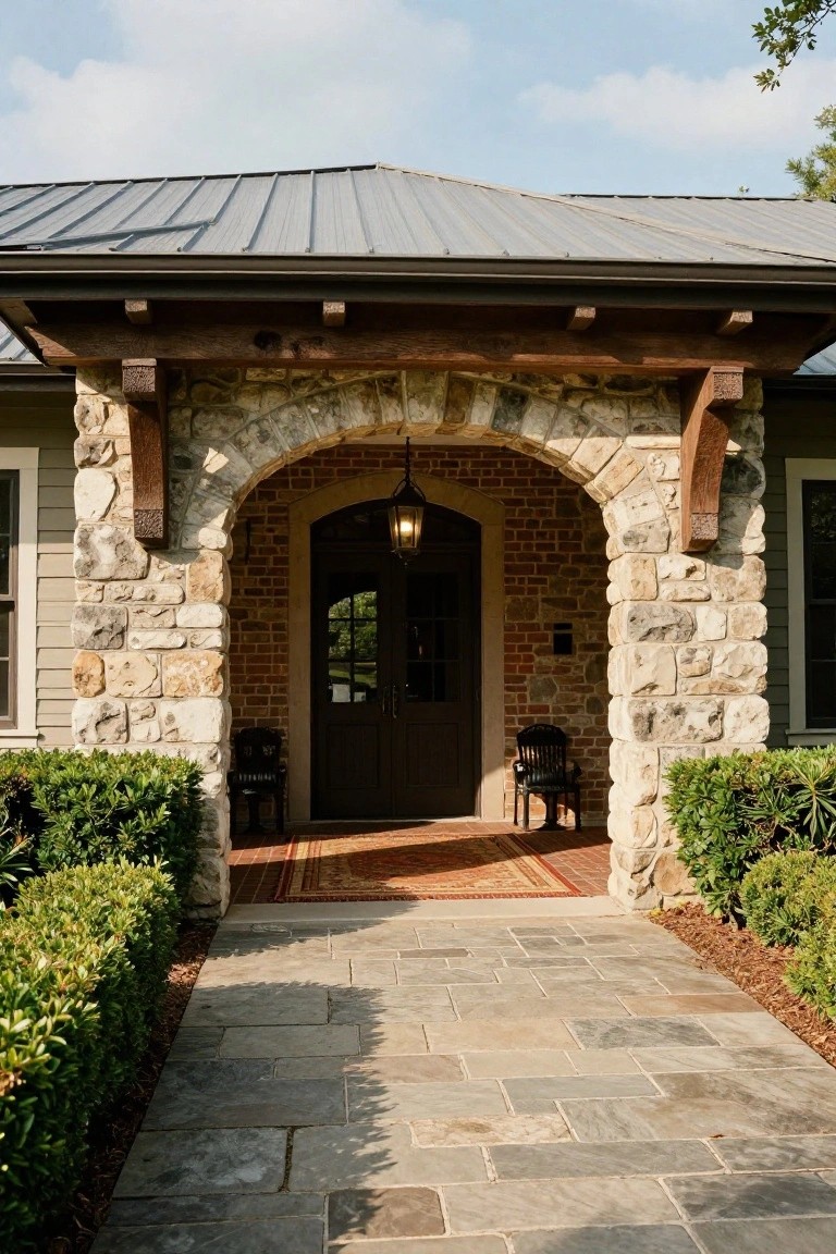 Front entrance of a house with a tall arched stone and brick opening framing a dark wooden double door, flanked by wooden chairs on a porch, hanging lantern, red rug, boxwood shrubs, and a stone pathway.