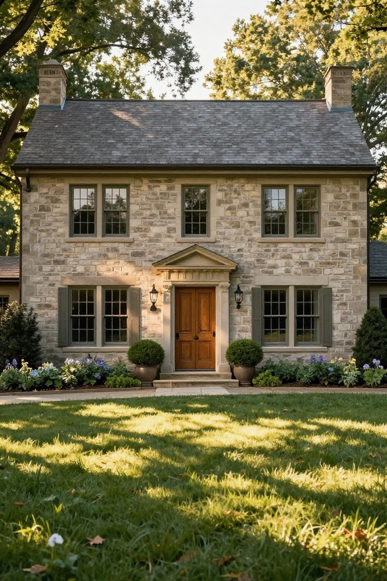 Two-story beige fieldstone colonial house with dark gray slate roof, symmetrical multi-pane windows with green shutters, wooden front door under a white pediment flanked by lanterns, boxwood shrubs and flower beds at the entry, green lawn and trees in the background.