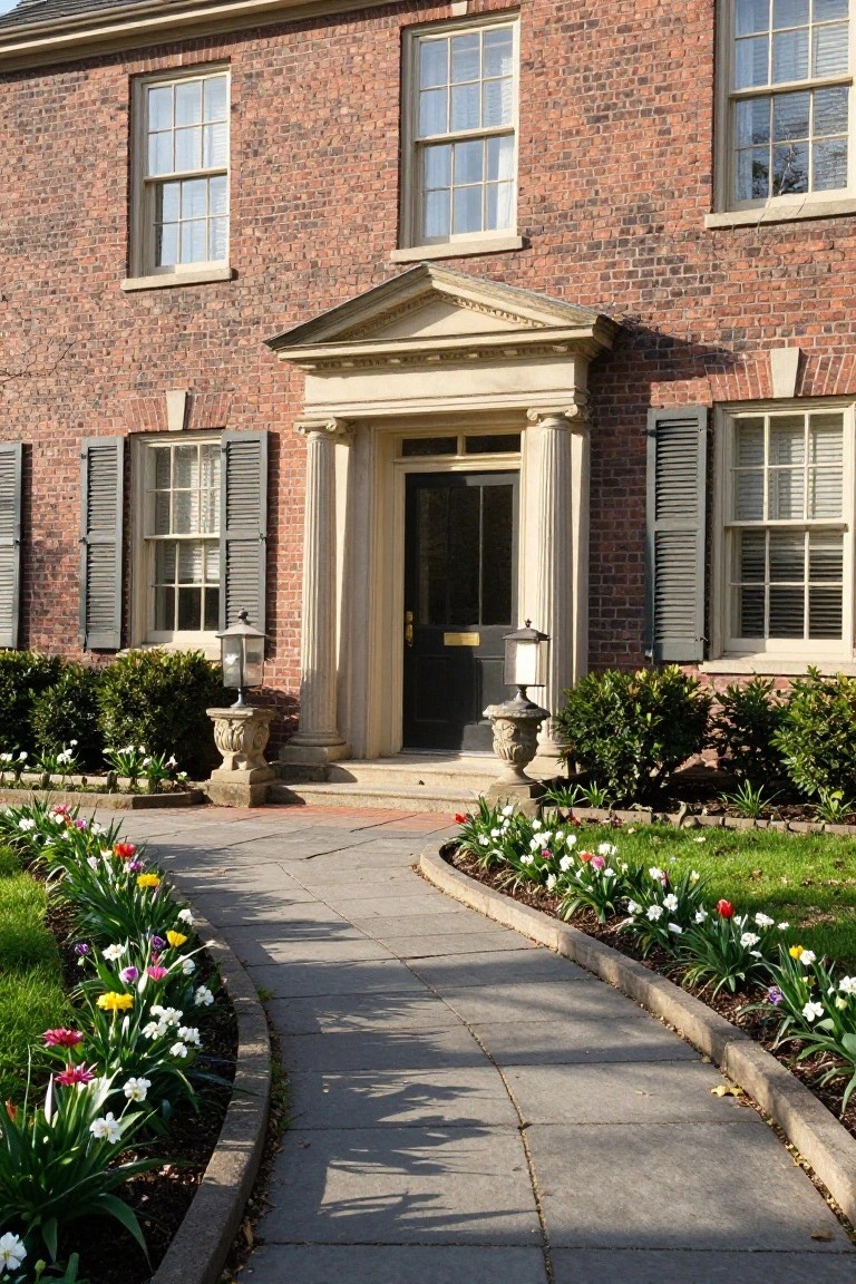 Red brick colonial house exterior featuring a light stone pedimented portico with columns framing the black front door, flanked by stone pedestal lanterns, boxwood shrubs, and a curved stone pathway lined with colorful tulips and daffodils.