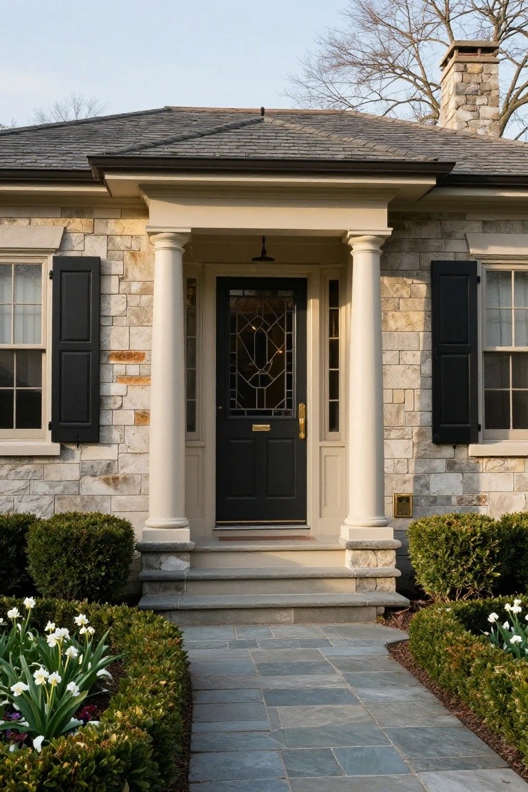 Front view of a stone house exterior with a centered black front door featuring decorative glass, flanked by beige columns under a portico, black shutters on side windows, steps leading to the door, and boxwood shrubs along a slate path.