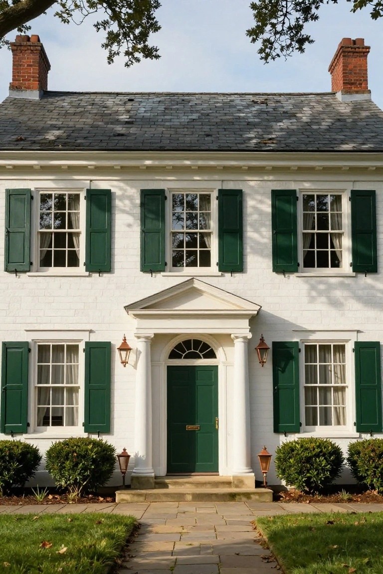 A two-story white brick colonial house with green shutters, slate roof, brick chimneys, pedimented entry portico with columns and green door, lanterns, boxwood shrubs, and a stone walkway.