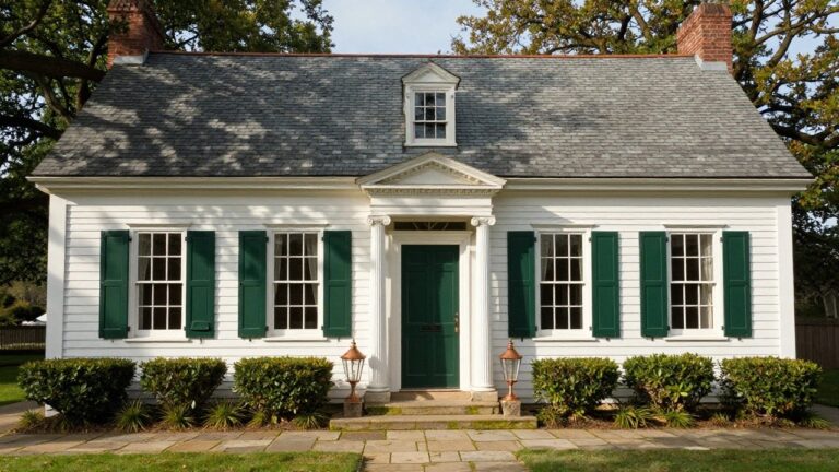 A two-story white brick colonial house with green shutters, slate roof, brick chimneys, pedimented entry portico with columns and green door, lanterns, boxwood shrubs, and a stone walkway.
