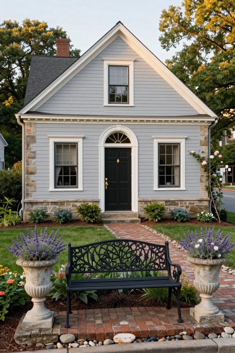 Light gray clapboard colonial house with fieldstone foundation, arched black front door, brick entry path, wrought iron bench, lavender pots, and surrounding landscaping.