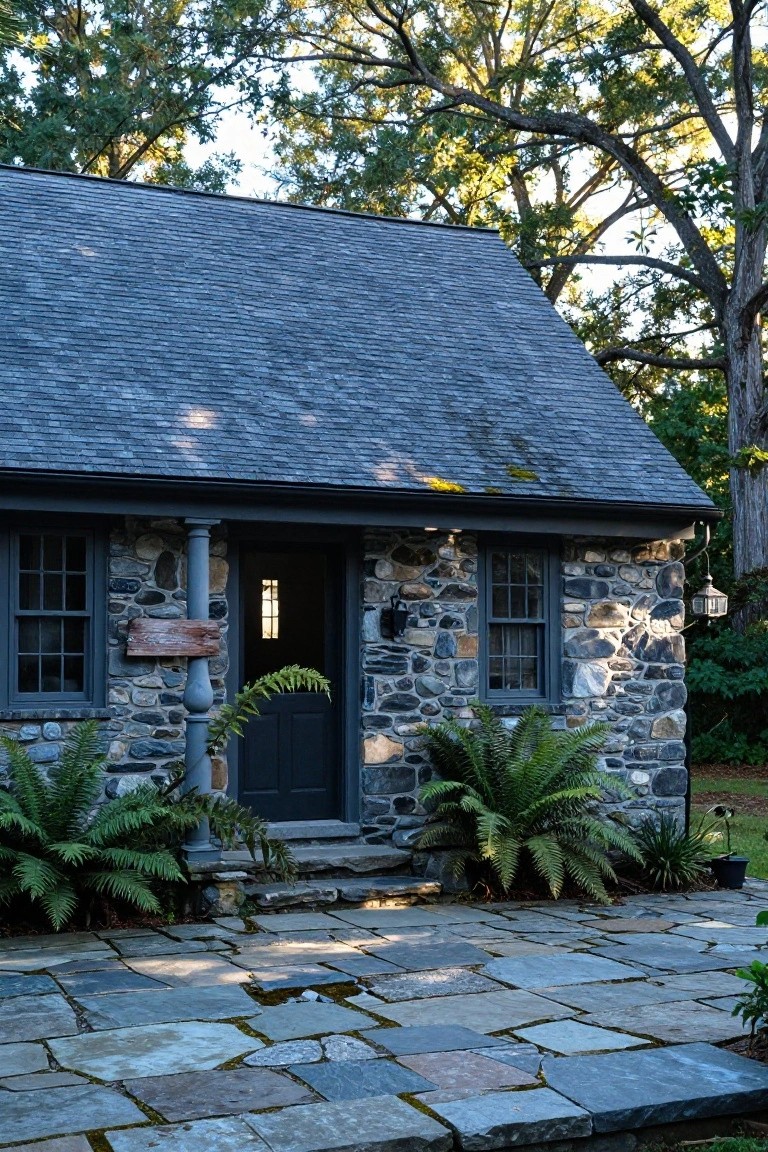 Small fieldstone cottage with dark slate roof, gray-shuttered windows, dark green front door, stone pillar, wooden sign, ferns, hanging lantern, and flagstone patio amid trees.