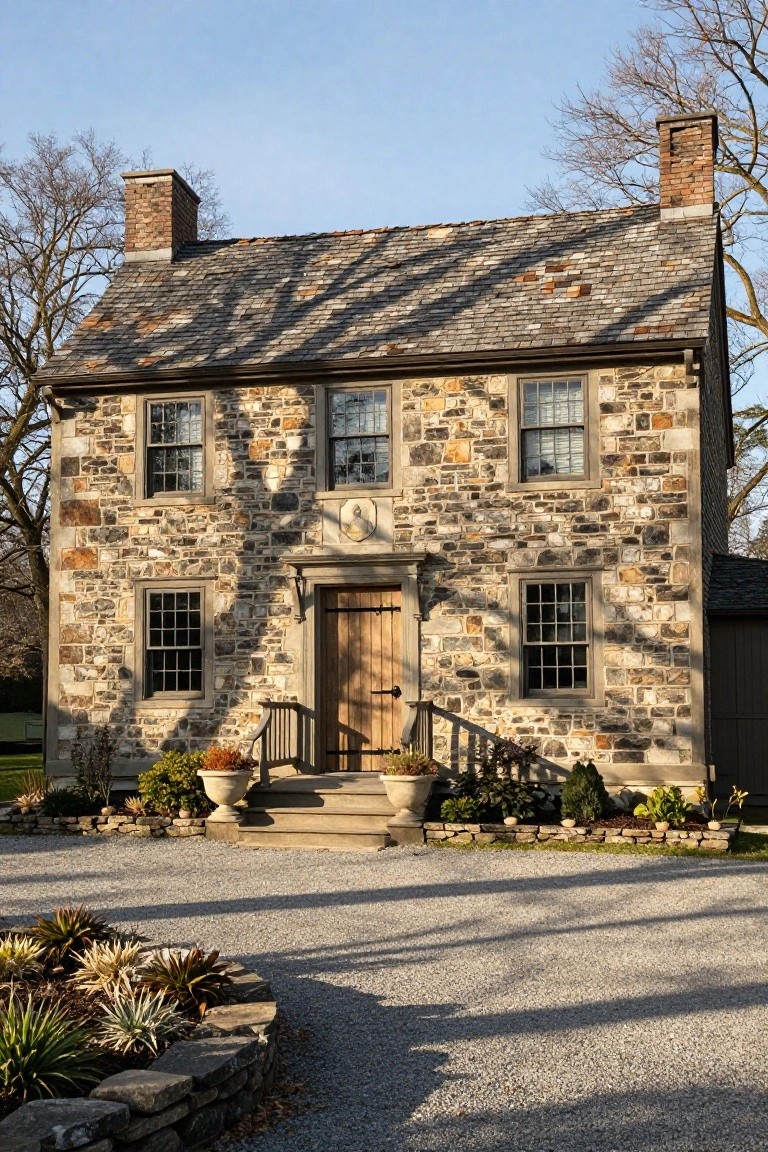 Two-story colonial house with irregular fieldstone walls, slate roof, brick chimneys, wooden front door with steps, potted plants, and gravel driveway edged by low stone walls and landscaping.