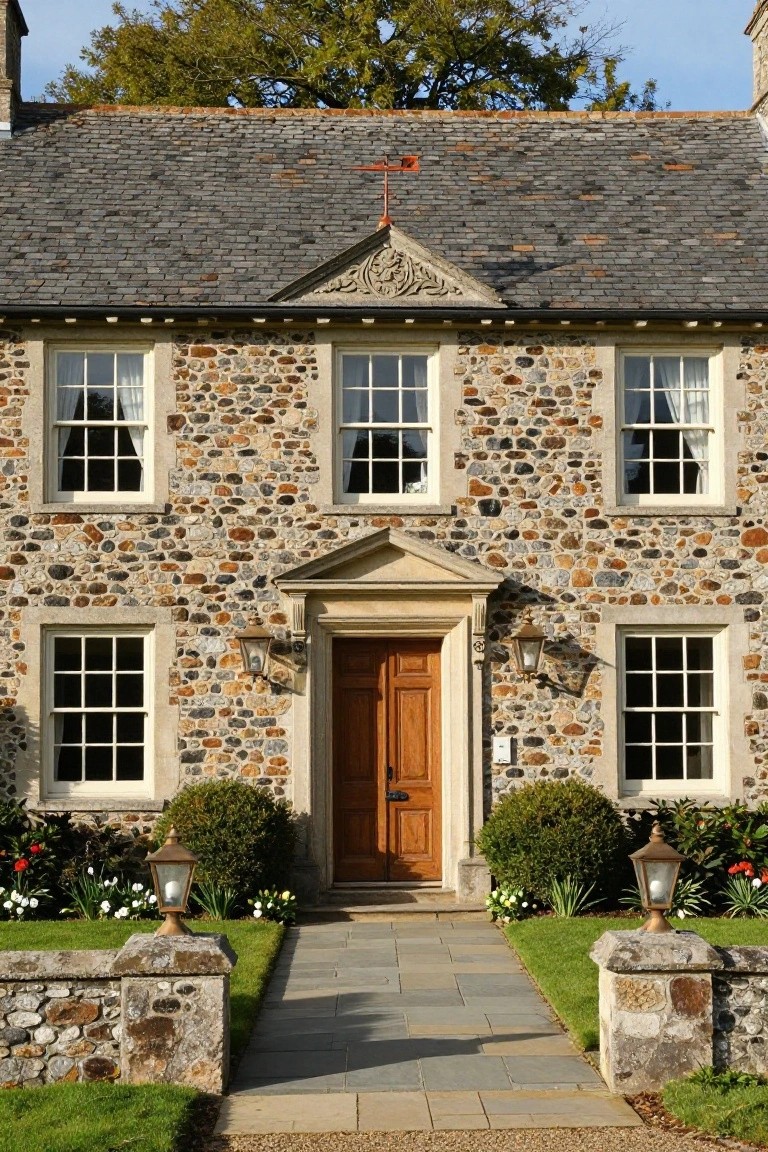 Front view of a two-story house with multicolored irregular stone walls, slate roof, symmetrical white-framed sash windows, central wooden door under stone pediment flanked by lanterns, boxwood shrubs, flower beds, and slate pathway.