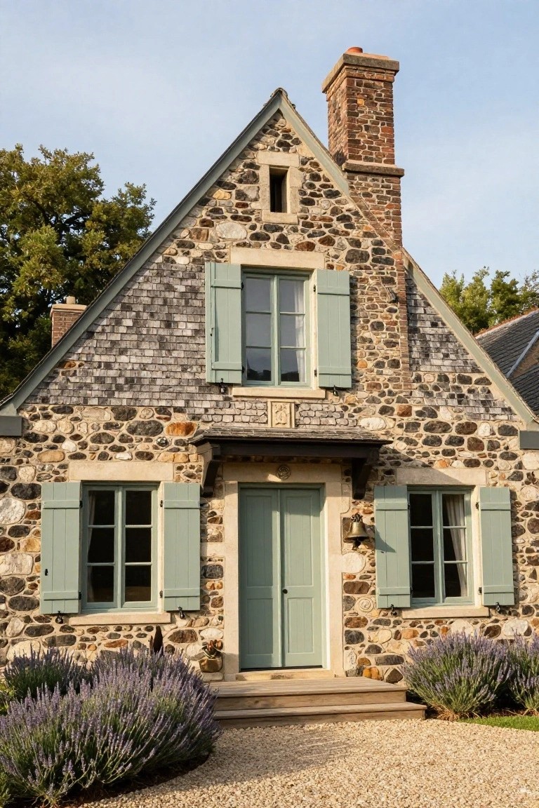 Front view of a stone cottage with steep slate roof, brick chimney, small upper window, green shutters on side windows, green double door entryway, lavender bushes flanking gravel path steps