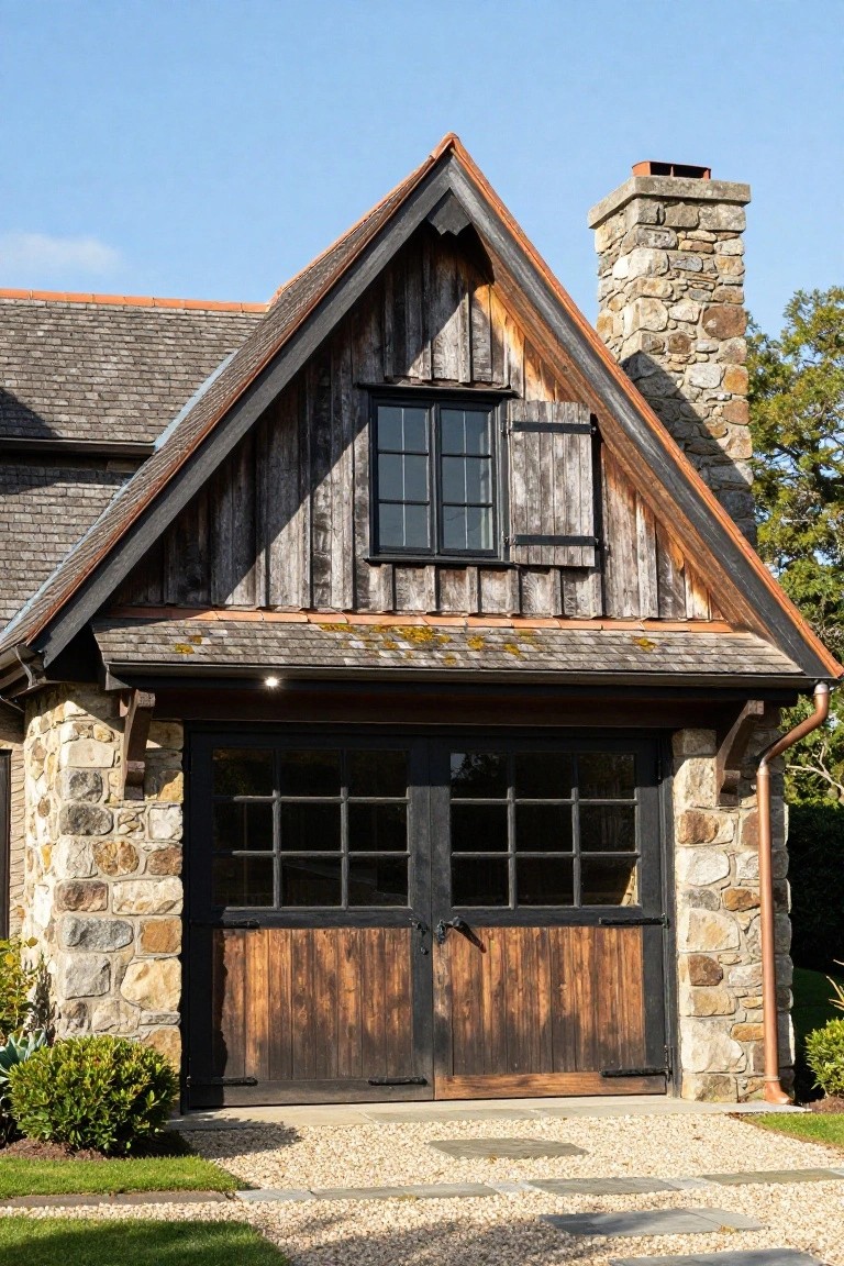 Gabled garage facade with fieldstone walls on sides, large double black wooden garage doors with window grids, weathered vertical wood siding, black-framed upper window, stone chimney, copper roof edges, gravel path, and low shrubs.