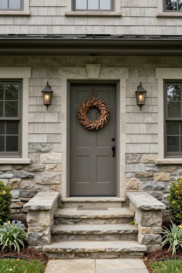 Front view of a Colonial house exterior with light gray shingle siding, dark gray paneled door hung with a wheat wreath, stone steps and base, lanterns on either side, and small shrubs and flowers nearby.
