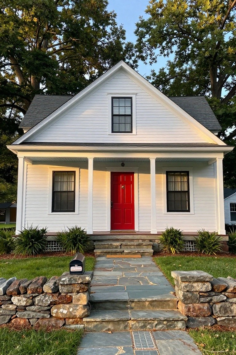 White gable-roofed colonial house with black-shuttered windows, red front door, columned porch, slate steps flanked by dry-stacked stone retaining walls, and low plantings in a grassy yard.
