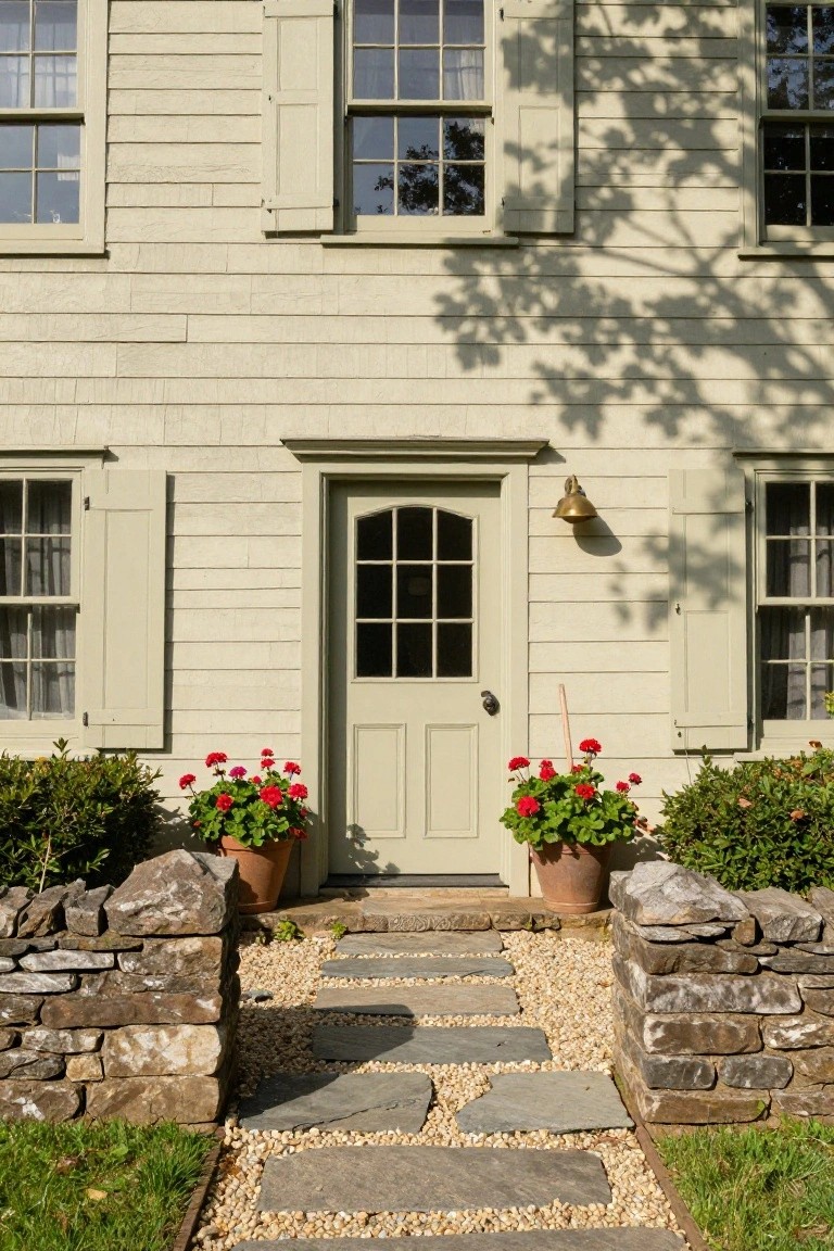 Colonial shingle house exterior with sage green front door, red geraniums in terracotta pots on dry-stacked stone walls flanking a slate stepping stone path through grass.