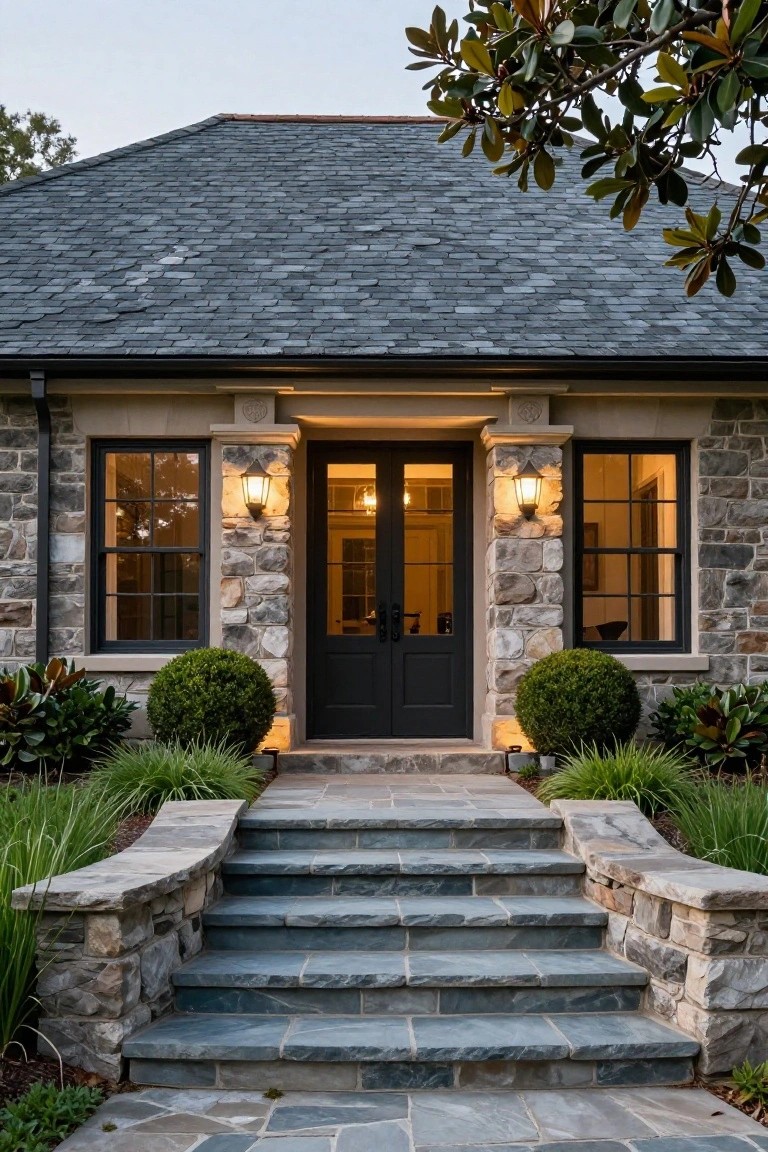 Front facade of a stone house with dark gray slate roof, black double doors centered under stone pilasters and lanterns, flanked by dark-framed windows, stone steps leading to the entry, and boxwood shrubs with ornamental grasses in the landscaping.