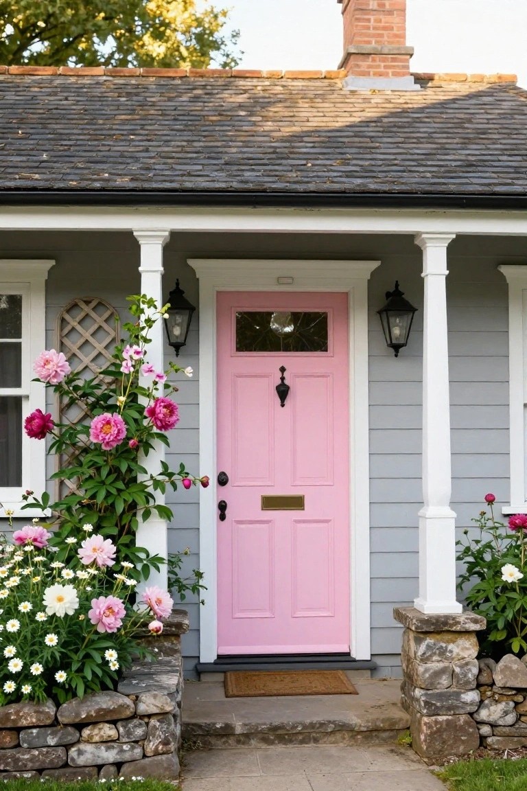 Gray shingled cottage exterior with pink front door, white porch columns and lanterns, climbing pink peonies on trellis, and flower beds with daisies by stone steps.