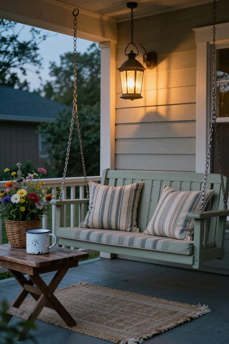Gray wood-sided house porch with a green hanging swing bench featuring striped cushions, small wooden side table with white mug and woven basket of colorful flowers, wall-mounted lantern light, and seagrass rug on dark deck boards.