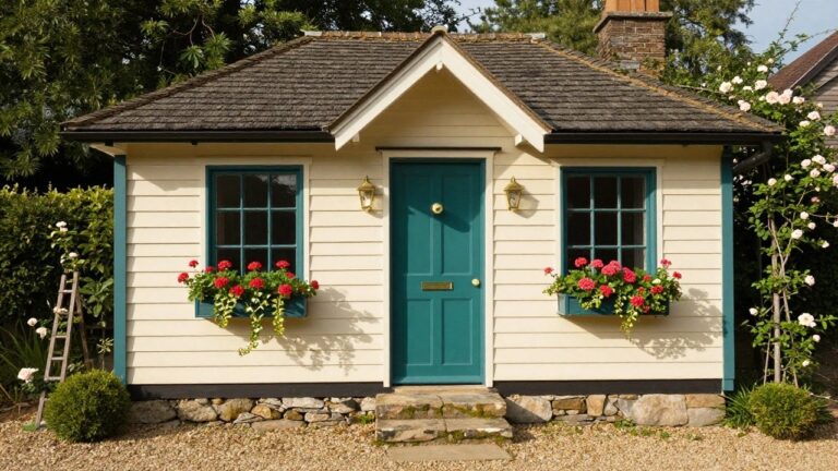 Cream-colored cottage with teal arched front door, brass knocker and letter slot, flanked by teal-trimmed windows, geranium-filled wooden window boxes, brass wall lanterns, boxwood shrubs, stone steps, and gravel path.