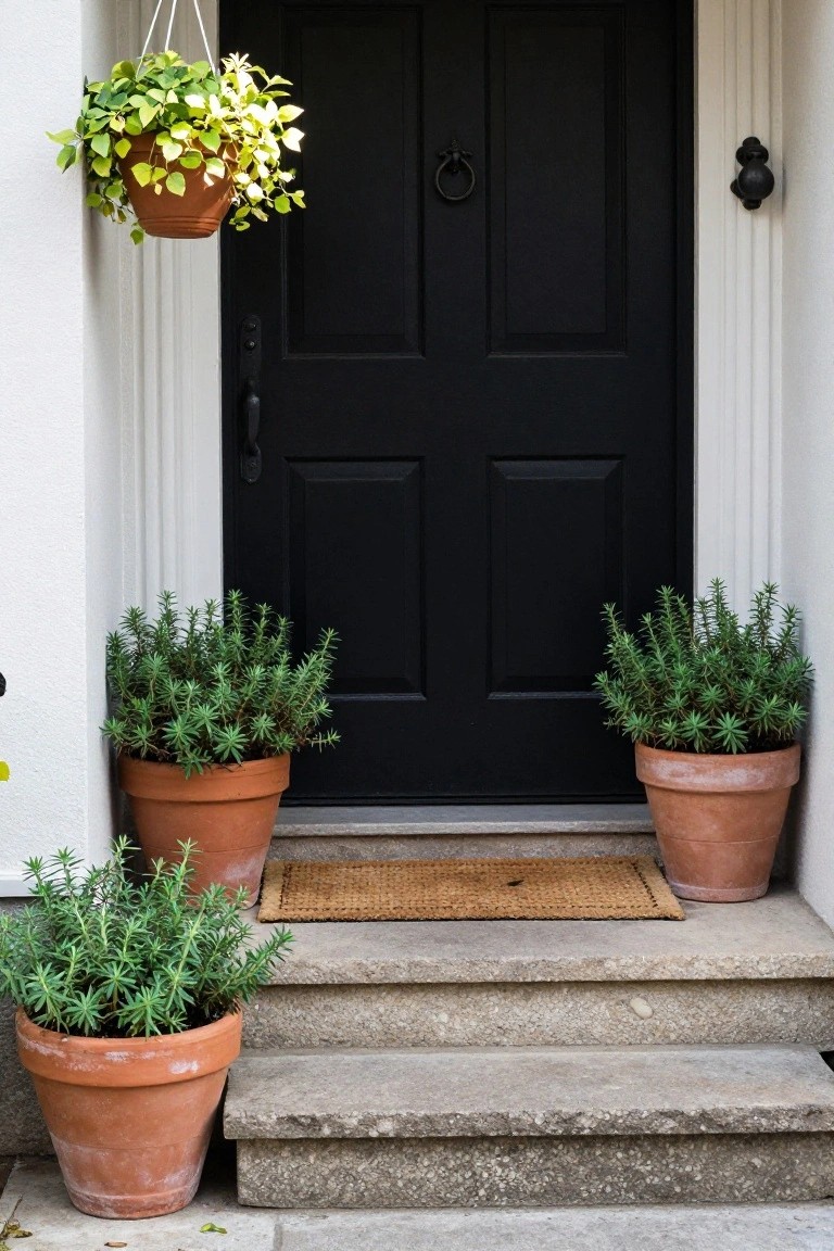 Black double front door on a white house with columns, flanked by terracotta pots of spiky green plants on stone entry steps, plus a woven welcome mat and hanging planter.