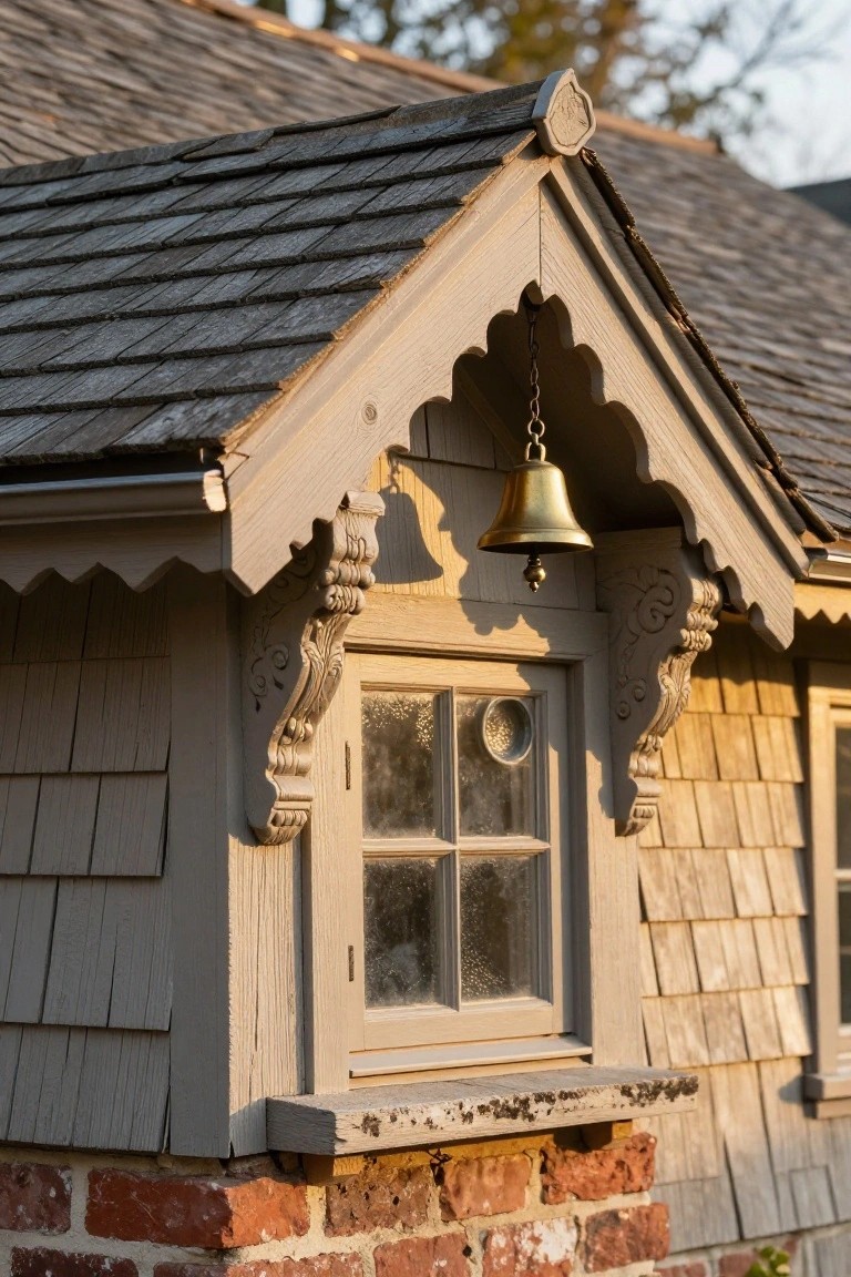 Gray shingled gable end with beige ornate carved wood brackets, a hanging brass bell, and a small four-pane window above a brick base.