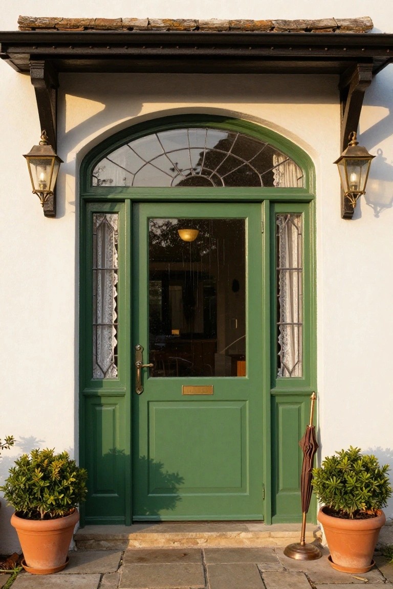 Green arched door with sidelights, potted plants, and lanterns.