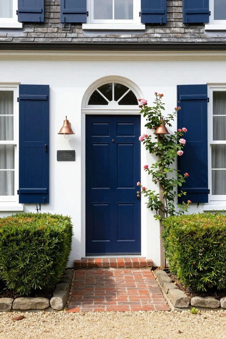 White clapboard house exterior with navy blue paneled front door under an arched fan window, flanked by matching navy shutters, a copper wall lantern, climbing pink roses on a copper post, boxwood hedges, brick steps, and gravel driveway.