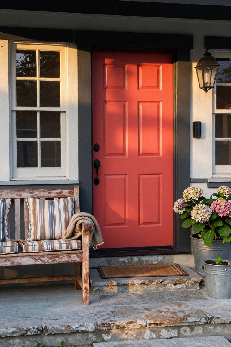 Cottage entry with bright red paneled front door, white-framed window to the side, wooden bench with striped cushions and folded blanket, potted hydrangeas, metal lantern light, and stone steps.
