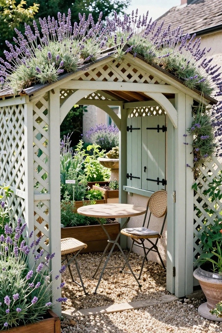 Wooden lattice pergola with roof covered in blooming lavender plants, enclosing a small round wooden table and two wicker chairs on gravel ground, surrounded by garden plants and a green shuttered side panel.