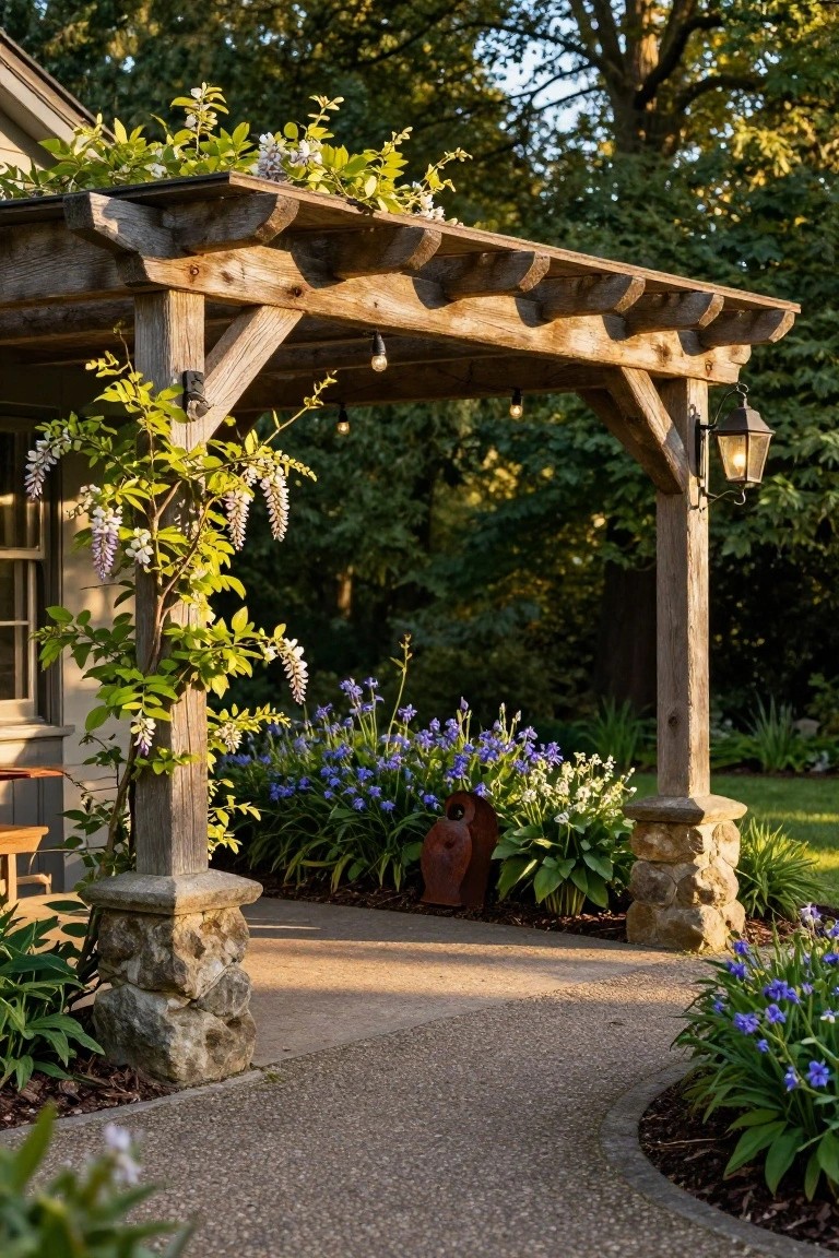 Rustic wooden pergola covered in white wisteria vines arching over a gravel path leading to a house entrance, with blue flowers, hostas, stone bases, and hanging lanterns nearby.