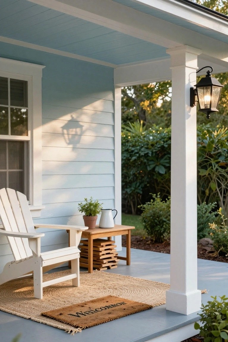 Light blue clapboard house exterior with blue porch ceiling, white Adirondack chair on porch next to wooden side table with potted plant, enamel watering can and wood stack, seagrass rug, brown welcome doormat on concrete floor, black lantern light on white porch post, plants and shrubs nearby.
