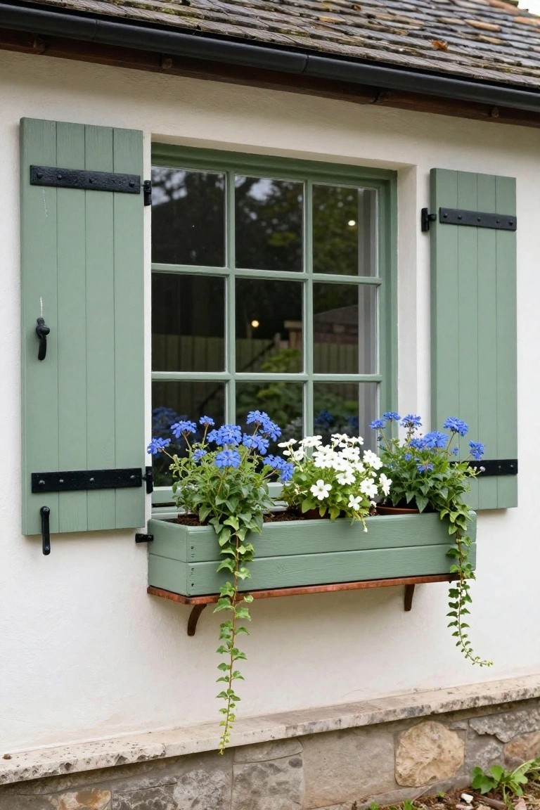 Green wooden shutters frame an open multipane window on a white stucco wall, with a matching green window box below holding blue delphinium flowers, white blooms, and trailing ivy plants.