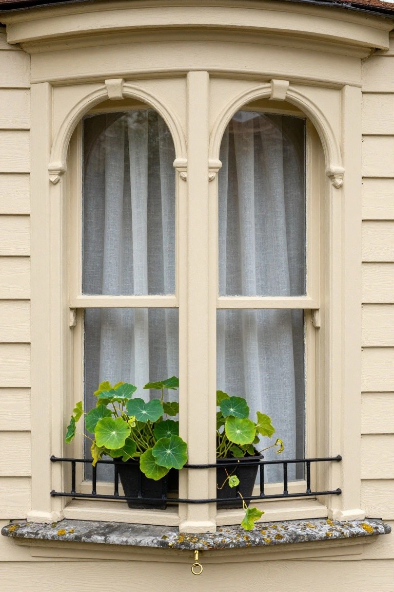 Closeup of a beige arched double window on house exterior with cream trim, sheer curtains visible inside, potted green plant with round leaves on lichen-covered granite sill secured by black metal railing.