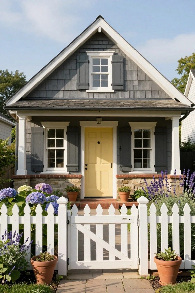 Gray shingled cottage with gabled roof, yellow front door, white trim and shutters, brick and stone base, flanked by hydrangeas and lavender plants, white picket fence gate, and potted plants along brick path.
